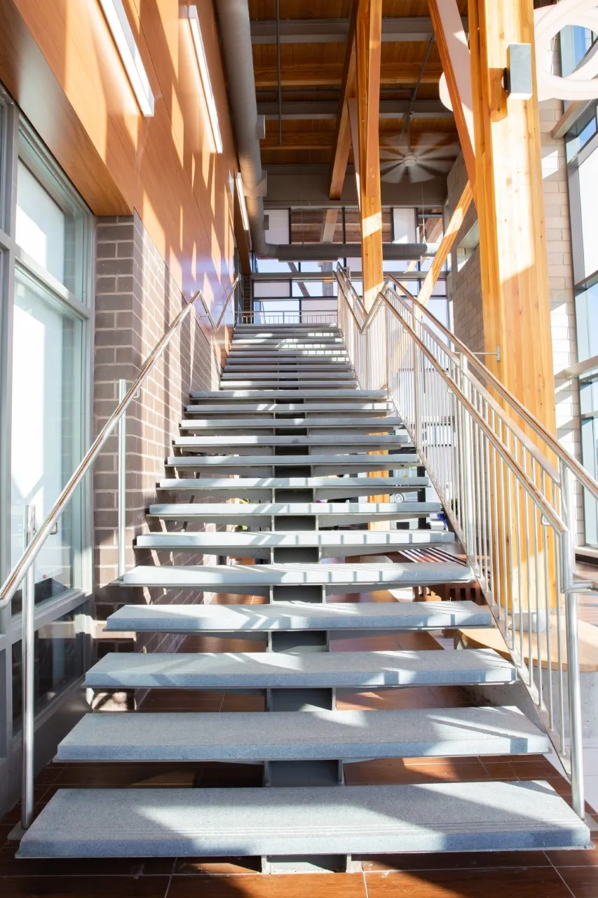 Fabricated steel feature stair with stainless railings in a finished building.